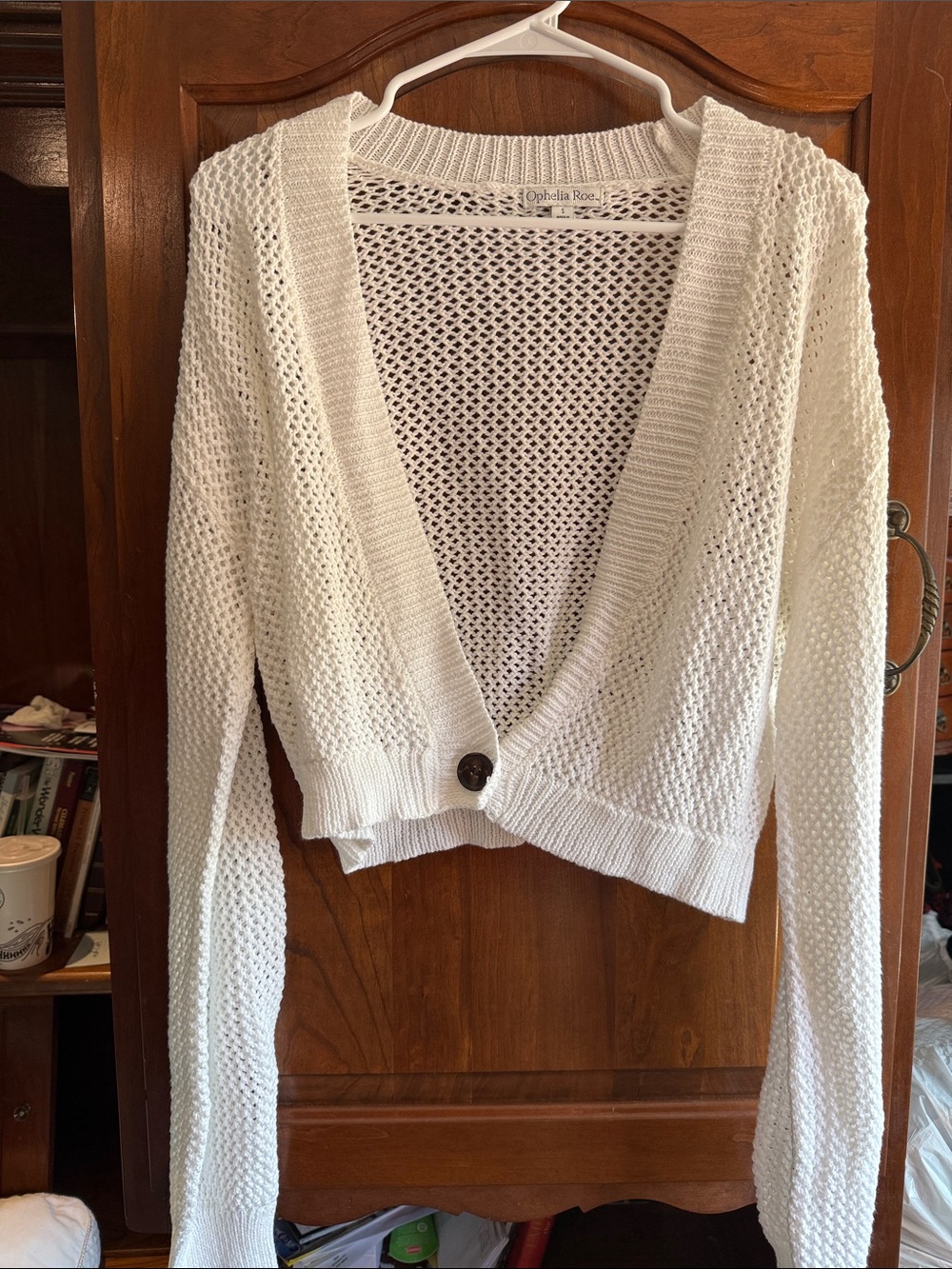 Ophelia Roe White Open-Knit Button Cardigan